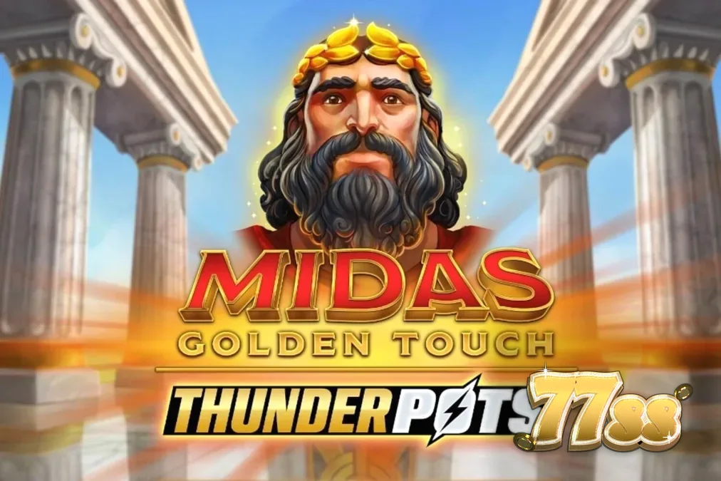 Interface do jogo Midas Golden Touch: Thunder Pots com elementos dourados e baús de bônus.